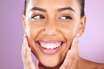 Image showing Skincare, beauty and woman with hands on face for luxury spa, beauty products and dermatology. Cosmetics, makeup and happy girl on purple background for wellness, facial treatment and aesthetic