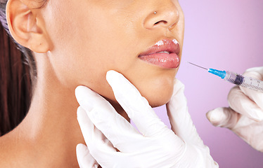 Image showing Beauty, aesthetic and lip filler woman collagen treatment with professional cosmetic syringe zoom. Plastic surgery expert cosmetics injection procedure on skincare girl in purple studio background