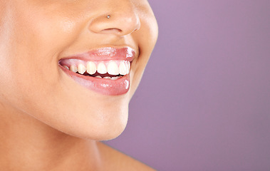 Image showing Happy woman, face or dental care on purple studio background or teeth whitening, invisible braces treatment or grooming. Zoom on beauty model smile or cosmetic mouth hygiene and healthcare cleaning