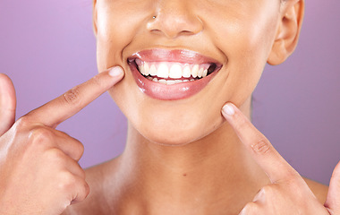 Image showing Happy woman, face or dental care on purple studio background or teeth whitening, invisible braces treatment or grooming. Zoom on beauty model smile or cosmetic mouth hygiene and healthcare cleaning