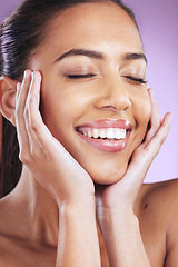 Image showing Skincare, beauty and woman with hands on face for cosmetology, beauty products and dermatology. Cosmetics, makeup and happy girl on purple background for wellness, facial treatment and spa aesthetic