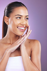 Image showing Skincare, beauty and black woman in studio for cosmetics, makeup or facial luxury health on marketing mockup with purple background. Youth, glow and shine of model happy with dermatology face results