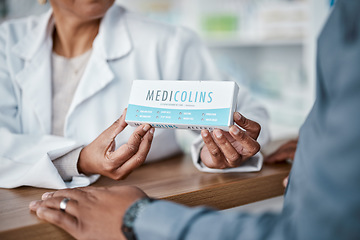 Image showing Hands, consulting or pharmacist with medicine for customer with healthcare advice on medical pills or drugs. Zoom, questions or doctor talking or helping a sick elderly person in pharmacy clinic