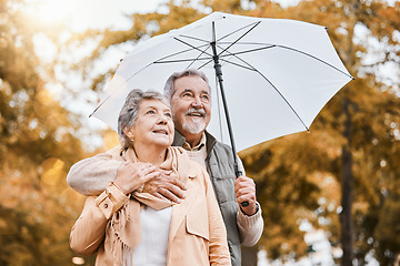 Image showing Senior couple, umbrella and walking outdoor for relax freedom, calm quality time and relationship bonding in summer. Elderly man, woman and wellness walk in countryside park together for love or care