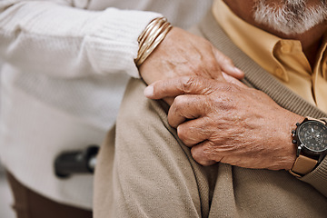 Image showing Love, disability and hands of retirement couple with care, gratitude and support in marriage. Unity, respect and senior people holding hands for bonding, appreciation and togetherness zoom.