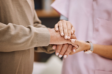 Image showing Healthcare nurse, senior patient and holding hands for medical support, assistance or wellness in retirement home. Doctor, caregiver hand solidarity and elderly care, trust, gratitude or senior care