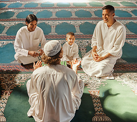 Image showing Muslim, child or men prayer to worship Allah in holy temple or mosque with gratitude as a family on Ramadan. Islamic, community or people in praying with boy or kid for Gods support, spiritual peace