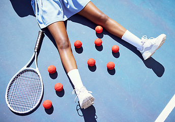 Image showing Tennis, tired and woman on a court for sports, fitness training and professional game for cardio. Exercise, clothes and athlete losing sport competition, relax and freedom from outdoor workout