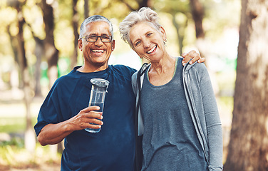 Image showing Portrait, exercise and senior couple with water bottle for training, workout and park. Mature man, old woman and hydration for practice, cardio and energy for wellness, health and fitness in nature