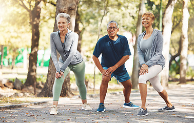 Image showing Exercise, senior man and women stretching, outdoor and workout for wellness, health or fitness. Group, male or mature females training, motivation or cardio for legs, body care or practice for sports