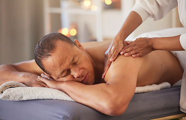 Image showing Spa, relax and hands massage man for health, wellness and stress relief at luxury resort. Zen, physical therapy and female therapist massaging back and arm of male for physiotherapy and body care.