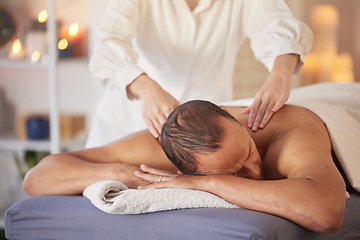 Image showing Spa, man and massage for wellness, luxury and relax for health, peace or lying on table. Male person, rich and self care for healthy lifestyle, zen treatment or grooming for stress relief and healing