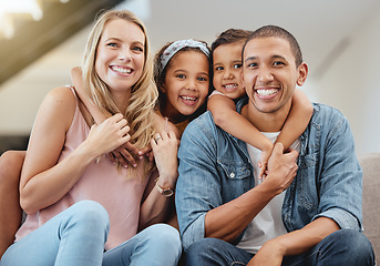 Image showing Kids, interracial and family on sofa for portrait, happy family and home together in Chicago, USA. Care, hug and smile of children embracing, happy mom and father with love, bonding and family home