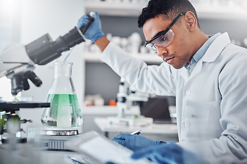 Image showing Science, chemistry and beaker with man in laboratory for research, dna and vaccine analysis. Medicine, pharmacy and innovation with expert and flask for medical, biotechnology and experiment