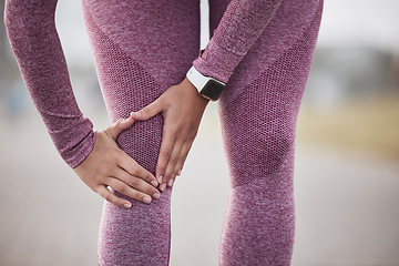 Image showing Exercise, outdoor and woman with knee pain, injury and accident while training, fitness and wellness. Swollen muscle, athlete or female with joint pain, physical therapy or workout accident in nature