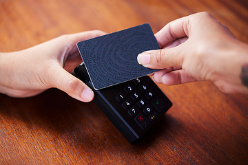 Image showing Hands, credit card and shopping payment machine for digital finance tech, pos technology and retail market store banking. Cashier worker, customer hand and card checkout for nfc cashless purchase