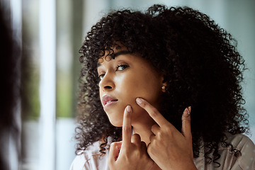 Image showing Black woman, mirror and facial pimple cleaning for beauty hygiene, skincare wellness and cosmetics dermatology in bathroom. Young African girl, checking face acne and hands for self care cosmetology