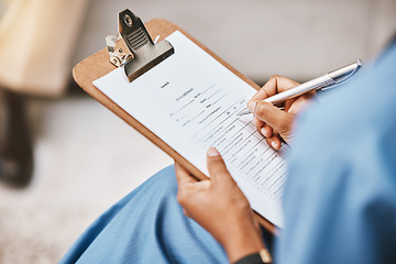 Image showing Nurse, clipboard and writing checklist for patient, healthcare consulting and medical information. Closeup doctor hands write documents, data and questions on wellness report, planning or paper admin