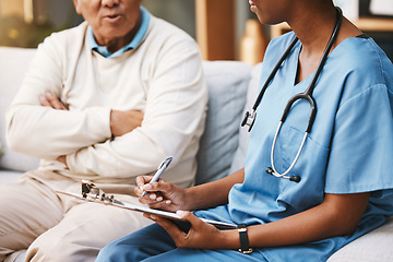 Image showing Nurse consulting patient with clipboard, medical notes and healthcare service of life insurance, help or planning. Closeup doctor asking questions in consultation with paperwork, report and documents