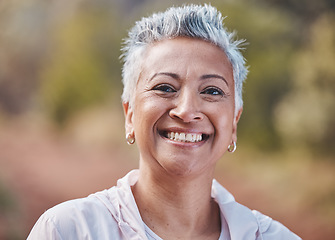 Image showing Face, fitness and portrait of senior woman in nature ready for workout, exercise or training. Sports, park and retired elderly female from India preparing for running or jog for health and wellness