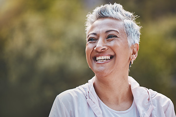 Image showing Face, fitness and senior woman in nature ready for workout, exercise or training mock up. Sports, thinking and retired elderly female from India preparing for running or jog for health and wellness.