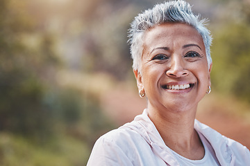 Image showing Fitness, face portrait and senior woman in nature ready for workout, exercise or training. Sports, park and retired elderly female from India preparing for running or jog for health and wellness.