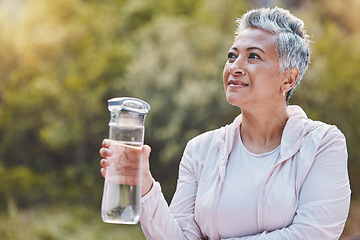 Image showing Face, water bottle and senior woman in nature on break after sports workout, exercise or training. Thinking, drinking water and retired female from India with liquid for hydration, health or wellness