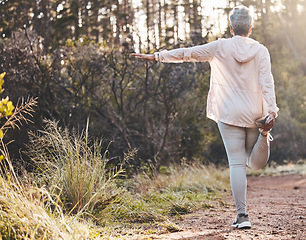 Image showing Fitness, balance or old woman in nature to start training, running exercise or hiking workout in New Zealand. Freedom, back view or healthy senior person with resilience, body goals or motivation