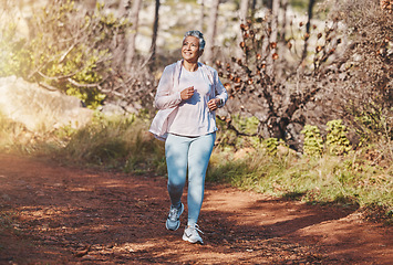 Image showing Fitness, happy or old woman running in nature cardio training, exercise or workout in New Zealand. Runner, freedom or healthy senior person smiles with pride, body goals or motivation in summer