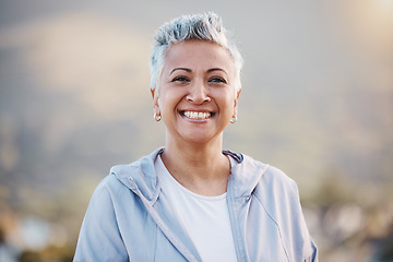 Image showing Face portrait, fitness and senior woman ready for training, workout or exercise outdoors. Sports, wellness or retired, elderly and happy female athlete from India preparing for running or healthy jog