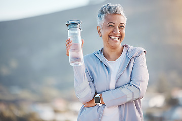 Image showing Fitness, happy or old woman with water bottle in nature to start training, exercise or hiking workout in New Zealand. Portrait, liquid or healthy senior person smiles with pride, goals or motivation