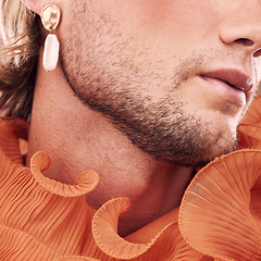 Image showing Fashion, feminine and beard with a gender neutral man model in studio closeup for modern or contemporary style. Gay, homosexual or non-binary with a male posing in drag for lgbt equality or inclusion