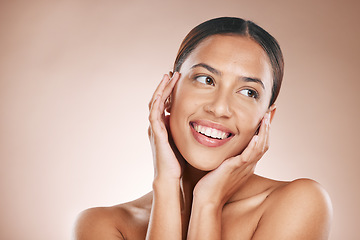 Image showing Skincare, beauty and acupressure, portrait of black woman with smile and hands on face on studio background. Makeup, glamour and luxury care with facial massage, natural spa treatment on happy woman.