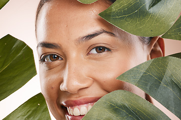 Image showing Woman, closeup face and leaves in portrait for beauty, cosmetic wellness and smile, face glow and makeup. Model, skin health and facial cosmetics, self care and aesthetic with monstera by backdrop