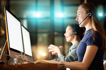 Image showing Computer, night call center and women with telemarketing success, IT solution and problem solving in virtual customer support. Happy financial advisor, consultant team and working on a monitor screen