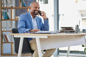 Image showing Phone call, business and black man at office desk for corporate communication in company. Mature entrepreneur, mobile networking and talking on smartphone for sales deal, negotiation and ceo contact