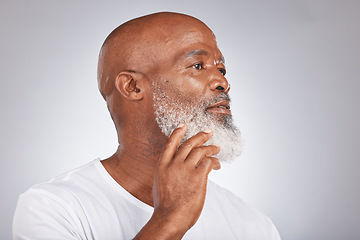 Image showing Black man, face and senior skincare with facial hair or beard for grooming and shaving on grey background. Beauty headshot of African male in studio for dermatology, cosmetics and skincare mockup