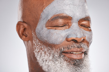 Image showing Skincare, face mask or old man with facial cream marketing or advertising a luxury beauty product for self care. Studio background, cosmetics or senior black man with a happy smile, glow or self love