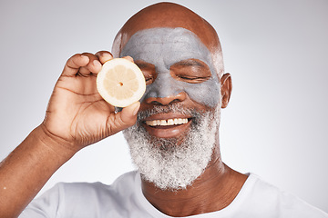 Image showing Beauty, face mask or happy old man with lemon fruit marketing or advertising natural vegan diet for glowing skin. Cream, smile, senior black man with skincare or healthy facial grooming cosmetics