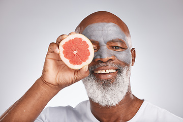 Image showing Beauty, face mask or happy old man with grapefruit marketing or advertising natural vegan diet for glowing skin. Cream, portrait, senior black man with skincare or healthy facial grooming cosmetics