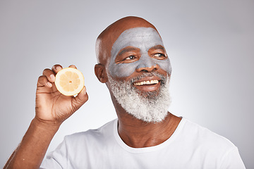 Image showing Skincare, face mask or happy black man with lemon fruit marketing or advertising natural vegan diet for glowing skin. Cream, smile, African old man with beauty or healthy anti aging facial cosmetics