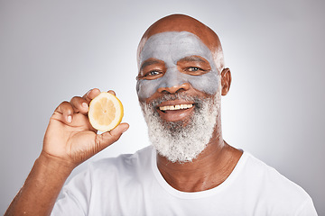 Image showing Skincare, lemon or happy old man with face mask marketing or advertising a healthy diet or fruit. Studio background, cosmetics or senior black man with a happy smile applying beauty product cream