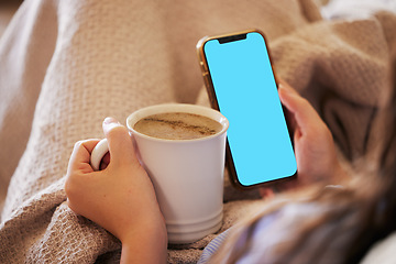 Image showing Mockup phone, coffee and woman reading screen with mobile chat, online communication and news. Brand space, app and hands of girl with a drink and cellphone for connection, media and branding