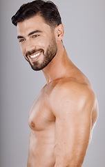 Image showing Man, face or body muscles on studio background in workout check, healthcare wellness or training goals. Smile, happy, or fitness model and bodybuilding progress, exercise motivation or personal goals