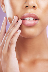 Image showing Skincare, mouth and woman marketing cosmetics, lip care and product for glow on a studio background. Beauty, zoom and face of a model advertising dermatology cosmetic product for body wellness