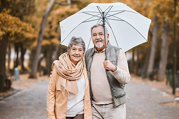 Image showing Winter, hug and senior couple in a park, retirement date and walking in Canada with an umbrella. Nature affection, smile and portrait of an elderly man and woman on a walk for happiness and love