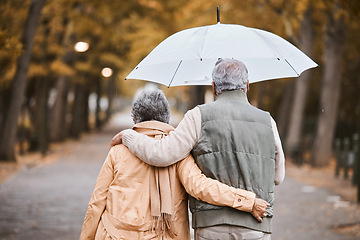 Image showing Elderly, couple walk in park with umbrella and fresh air, outdoor in nature in fall for exercise and retirement together. Hug, love and care with trees, senior man and woman in New York back view.