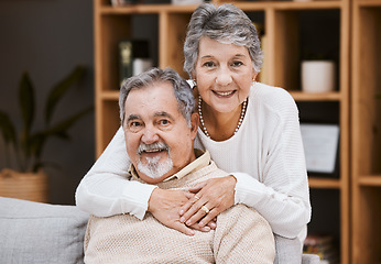 Image showing Love, portrait or old couple hug in house living room enjoying quality bonding time in happy marriage commitment. Trust, support or elderly woman in romantic partnership with an old man in retirement