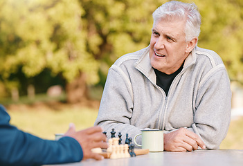 Image showing Chess, nature and retirement with senior friends playing a boardgame while bonding outdoor during summer. Park, strategy and game with a mature man and friend thinking about the mental challenge