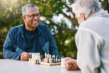 Image showing Chess, nature and retirement with senior friends playing a boardgame while bonding outdoor during summer. Park, strategy and game with a mature man and friend thinking about the mental challenge